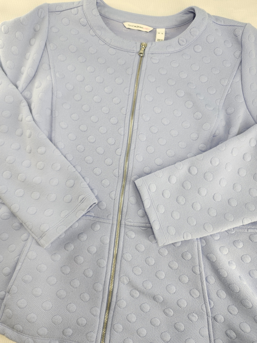 Isaac Mizrahi Women's Light Blue Polka Dot Full Zip Knit Sweater Jacket XL